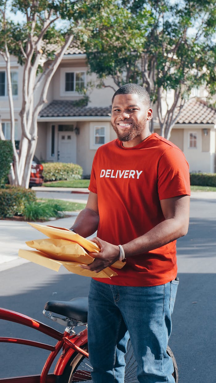 services-03 A friendly delivery man holding parcels outdoors near suburban homes, ready for safe delivery.